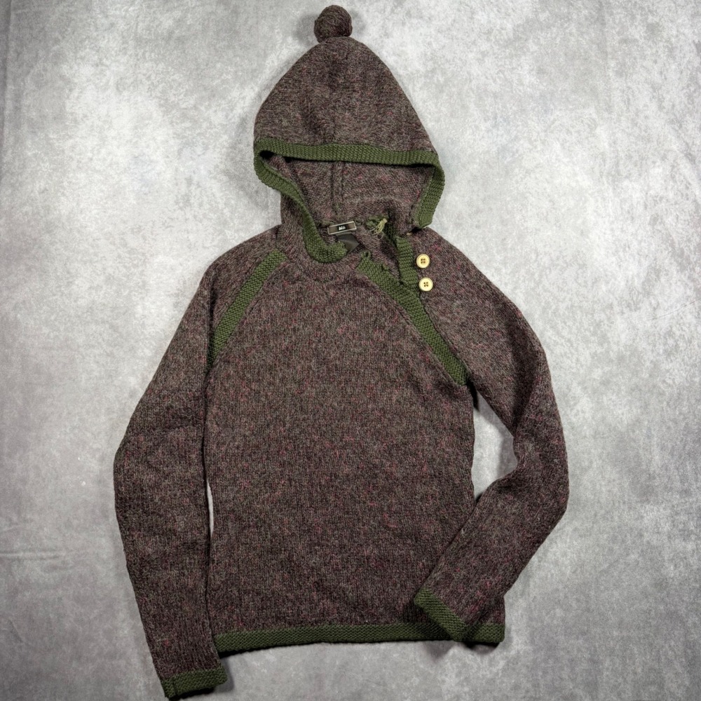 REI Womens Small Wool Blend Knit Hoodie Sweater Brown Green Side Button Pullover